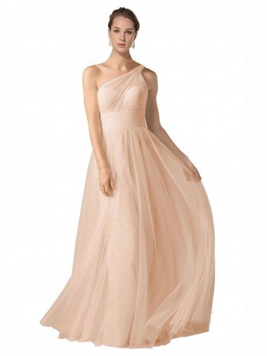 Affordable Illusion One Shoulder Tulle Bridesmaid Dress with Shirred Bodice UK