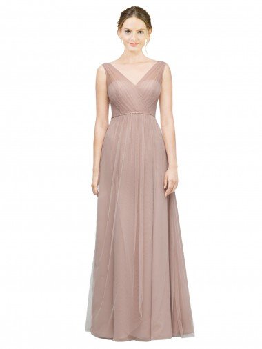 Affordable Full Length Draped Long V-Neck Tulle Bridesmaid Dress UK