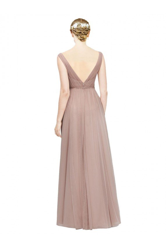 Affordable Full Length Draped Long V-Neck Tulle Bridesmaid Dress UK