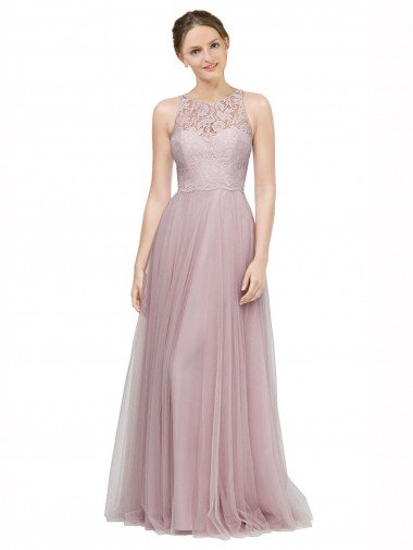 Affordable High Neck Long Tulle Bridesmaid Dress with Lace Bodice UK