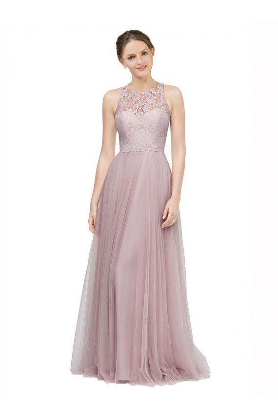 Affordable High Neck Long Tulle Bridesmaid Dress with Lace Bodice UK