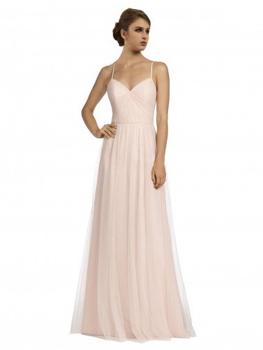 Affordable Long Draped Back A-Line Tulle Bridesmaid Dress with Pleated Bodice UK