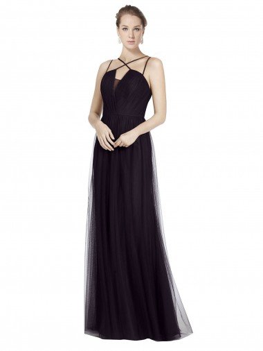 Affordable High Neck Long A-Line Tulle Bridesmaid Dress UK