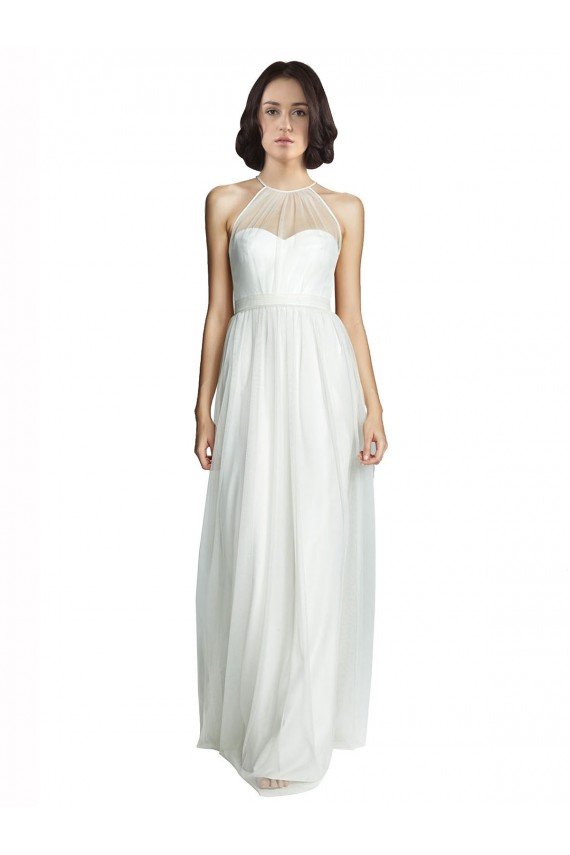 Affordable High Neckline Long Tulle Bridesmaid Dress with Illusion Front UK