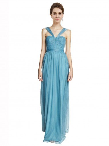 Affordable Floor Length Inverted V-Neck Tulle Bridesmaids Dress UK