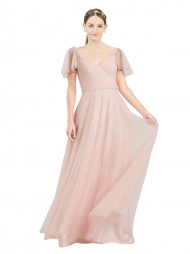 Affordable Long V-Neck Flutter Sleeves Tulle Bridesmaid Dress UK