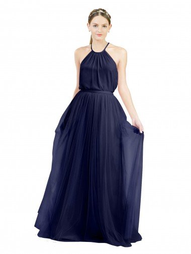 Affordable Long A-Line High Neck Halter Tulle Bridesmaid Dress UK