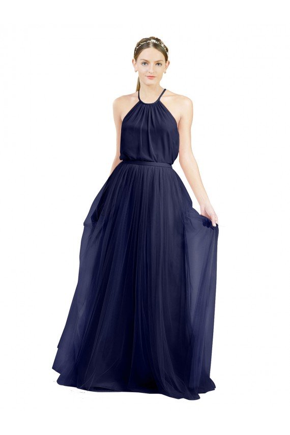 Affordable Long A-Line High Neck Halter Tulle Bridesmaid Dress UK