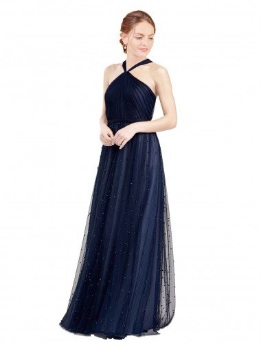 Affordable Floor Length Long Halter Pleated Tulle Bridesmaid Dress UK