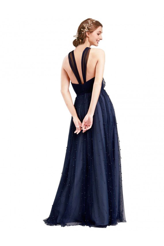 Affordable Floor Length Long Halter Pleated Tulle Bridesmaid Dress UK