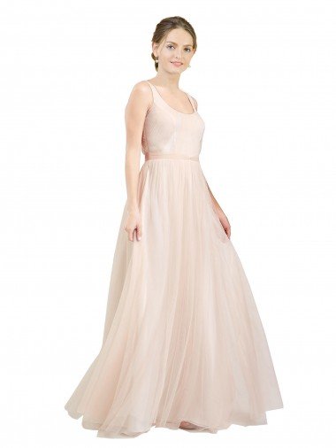 Affordable Scooped Neckline Long Tulle Bridesmaid Dress with Open Back UK