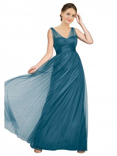 Affordable Long V-Neck Soft Tulle Bridesmaid Dress UK