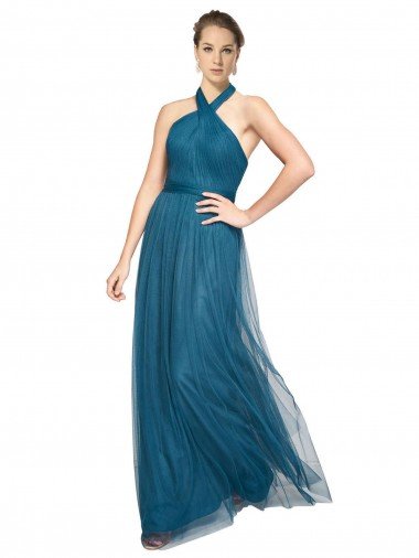 Affordable High Neck Halter Pleated A-Line Tulle Bridesmaid Dress UK