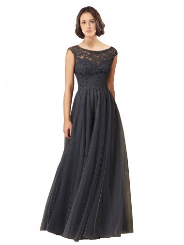 Affordable Long Bateau Tulle Bridesmaid Dress with Lace Bodice UK