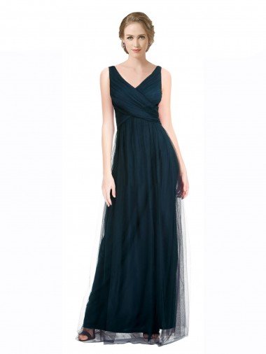 Affordable Full Length Long Tulle Bridesmaid Dress with V-Neck Criss-Cross Ruched Top UK