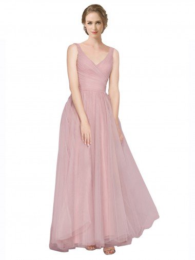 Affordable Long Floor Length Wide Strap Plunge Cross Over Neckline Tulle Bridesmaid Dress UK