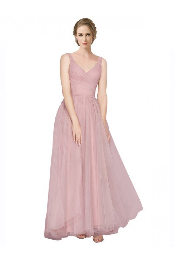 Affordable Long Floor Length Wide Strap Plunge Cross Over Neckline Tulle Bridesmaid Dress UK