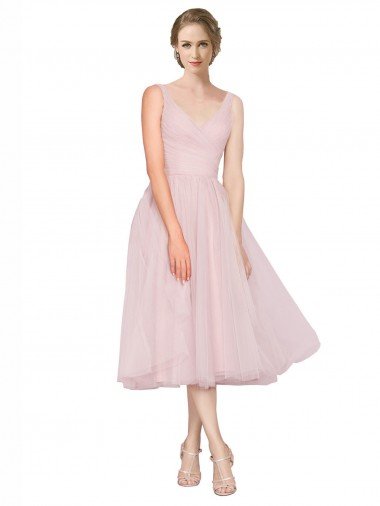 Affordable Short Tea Length Wide Strap Plunge Cross Over Neckline Tulle Cocktail Bridesmaid Dress UK