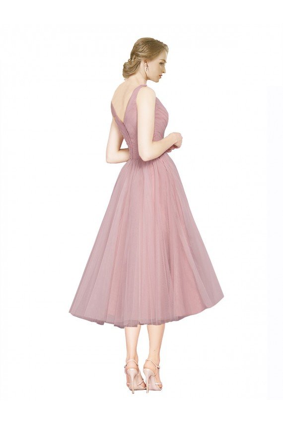 Affordable Short Tea Length Wide Strap Plunge Cross Over Neckline Tulle Cocktail Bridesmaid Dress UK