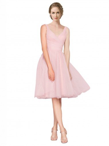 Affordable Short Knee Length Wide Strap Plunge Cross Over Neckline Tulle Cocktail Bridesmaid Dress UK