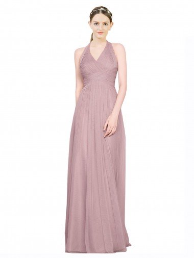 Affordable Ruffled Halter V-Neck Long Tulle Bridesmaid Dress with Pleats UK