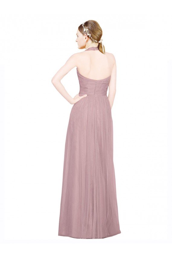 Affordable Ruffled Halter V-Neck Long Tulle Bridesmaid Dress with Pleats UK