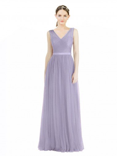 Affordable Wide Straps V-Neck Long Tulle Bridesmaids with Belt UK