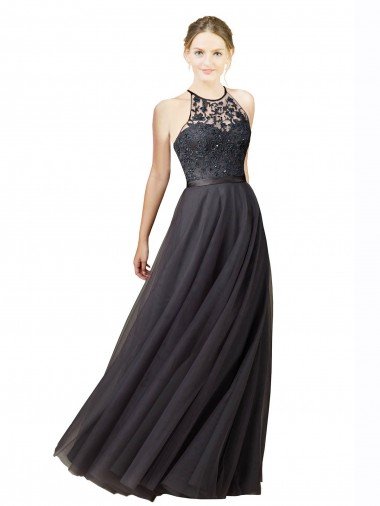 Affordable Sweetheart Neckline Long Sleeveless Tulle Bridesmaid Dress with Lace Bodice UK