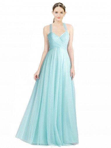 Affordable Ruched Sweetheart Neckline A-Line Tulle Bridesmaid Dress with Tie Open Back UK