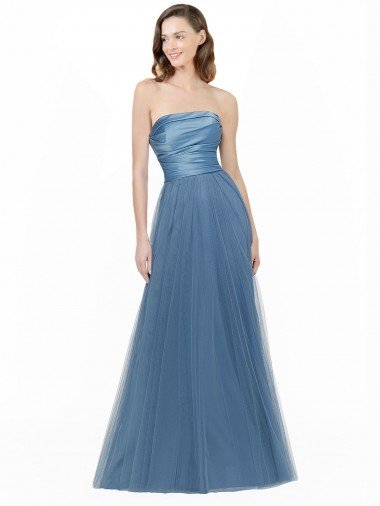 Affordable Long Strapless Bridesmaid Dress with Soft Tulle Overlay UK