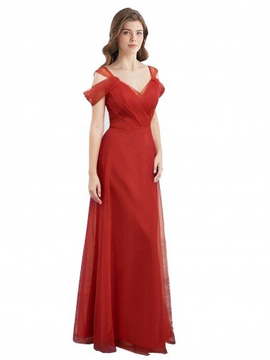 Affordable Cold Shoulder Pleated Wrap Tulle Bridesmaid Dress with Low V-Back UK