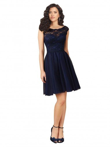 Affordable Short Bateau Neck Tulle Cocktail Bridesmaid Dress with Lace Bodice UK