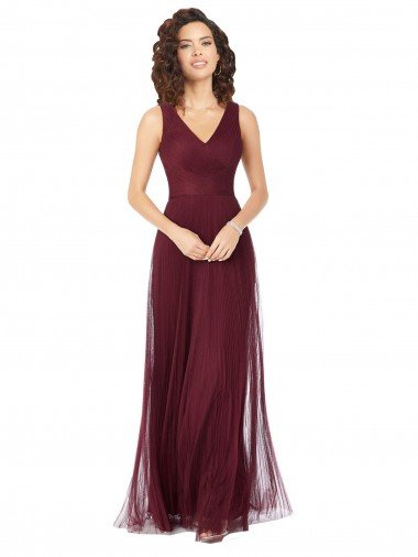 Affordable Long A-Line V-Neck Tulle Bridesmaid Dress UK