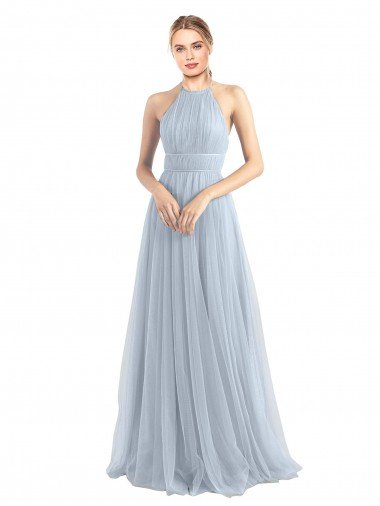 Affordable Halter Neckline Slim A-Line Tulle Bridesmaid Dress UK