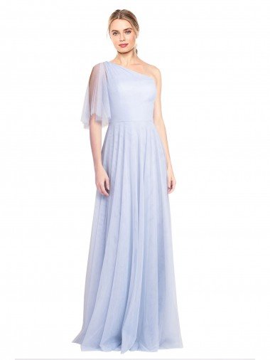 Affordable Flutter Sleeves One Shoulder Long Tulle Bridesmaid Dress UK