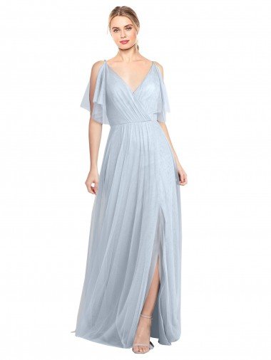 Affordable Floor Length Flutter Sleeves Long Tulle Bridesmaid Dress with Side Slit UK