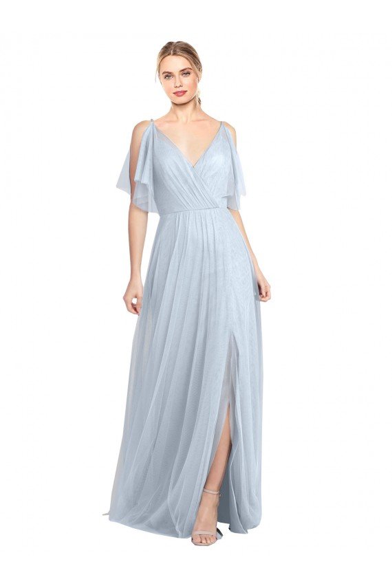 Affordable Floor Length Flutter Sleeves Long Tulle Bridesmaid Dress with Side Slit UK