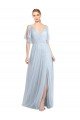 Affordable Floor Length Flutter Sleeves Long Tulle Bridesmaid Dress with Side Slit UK