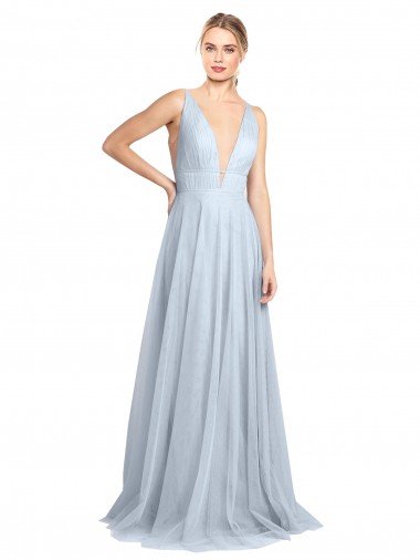 Affordable Plunging Deep V-Neck Long Tulle Bridesmaid Dress with V-Back UK