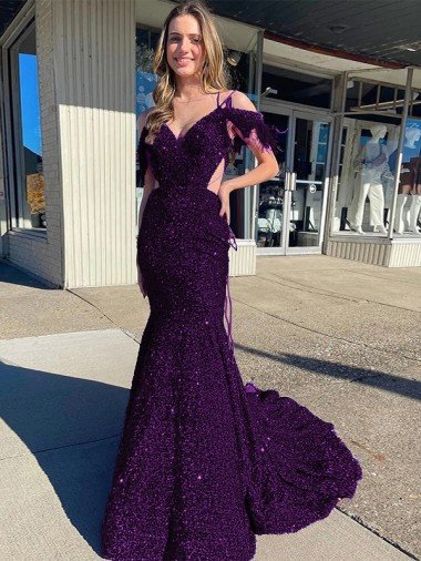 Affordable Cold Shoulder Sleeveless Long Court Train Velvet Sequin Prom Dress UK