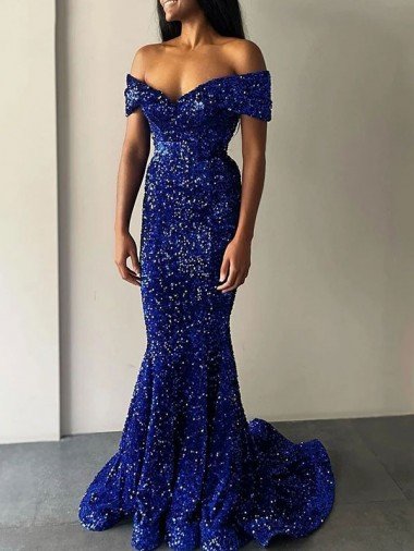 Affordable Mermaid Off the Shoulder Sleeveless Long Sweep Train Velvet Sequin Prom Dress UK