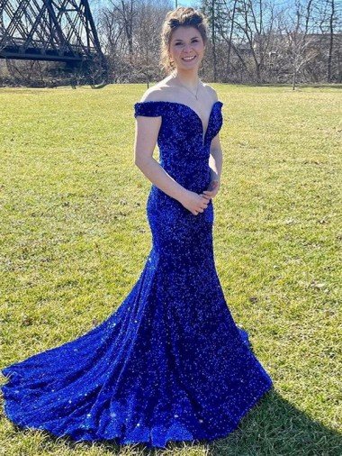 Affordable Off the Shoulder Sleeveless Long Sweep Train Velvet Sequin Prom Dress UK