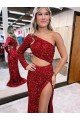 Affordable Mermaid One Shoulder Long Sleeves Long Sweep Train Velvet Sequin Prom Dress with High Slit UK