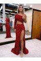 Affordable Mermaid One Shoulder Long Sleeves Long Sweep Train Velvet Sequin Prom Dress with High Slit UK