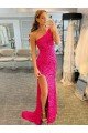 Affordable One Shoulder Sleeveless Long Velvet Sequin Prom Dress with High Slit UK