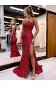 Affordable Mermaid One Shoulder Sleeveless Long Sweep Train Velvet Sequin Prom Dress with High Slit UK