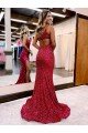 Affordable Mermaid One Shoulder Sleeveless Long Sweep Train Velvet Sequin Prom Dress with High Slit UK