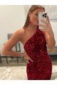 Affordable Open Back One Shoulder Sleeveless Long Sweep Train Velvet Sequin Prom Dress UK