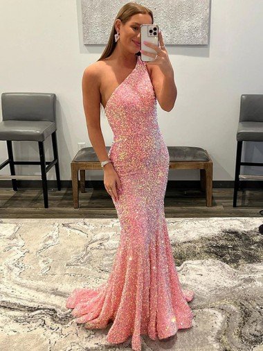 Affordable Open Back One Shoulder Sleeveless Long Sweep Train Velvet Sequin Prom Dress UK