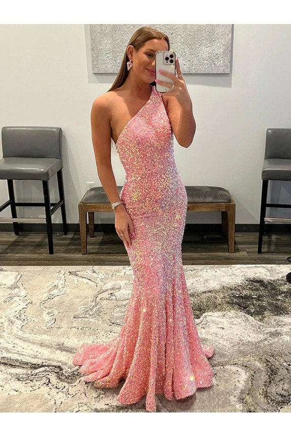 Affordable Open Back One Shoulder Sleeveless Long Sweep Train Velvet Sequin Prom Dress UK